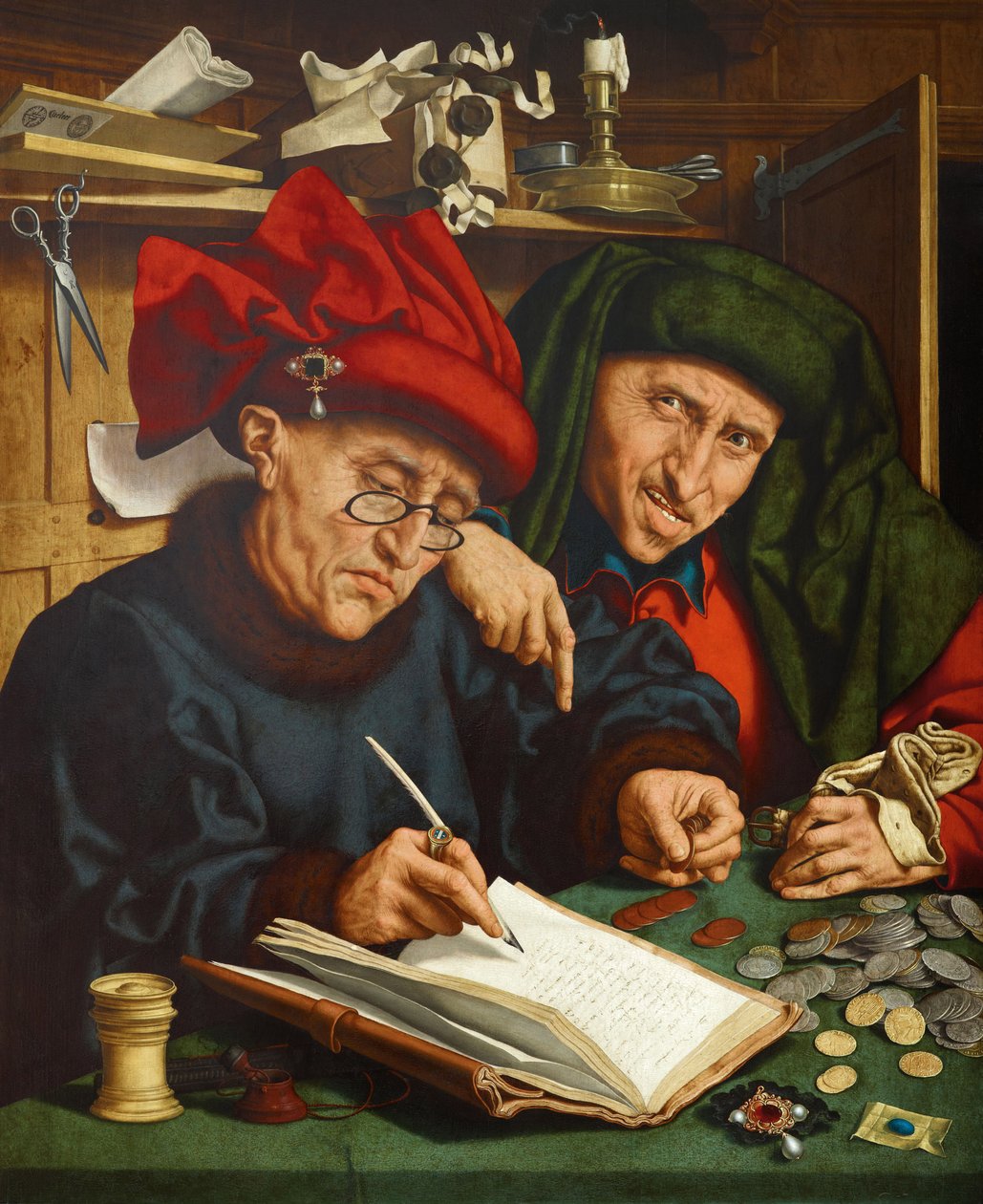 徴税人。 (徴税人) Quentin Metsys (または Quinten Matsys) (1466-1530) による絵画、木に油彩、1520 年頃。 フランダースのプリミティブ アート 作： クエンティン・マサイスまたはメトシス