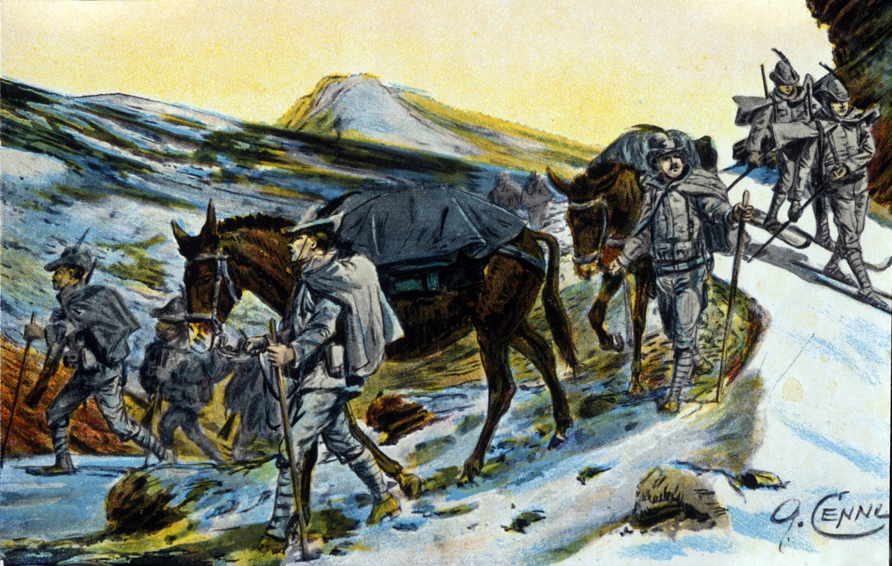 第一次世界大戦：1915年、ラバを持って認識しているイタリアのアルプスの猟師のグループ。イラスト：Qinto Cenni (1845-1917) 作： クィントゥス・チェニ
