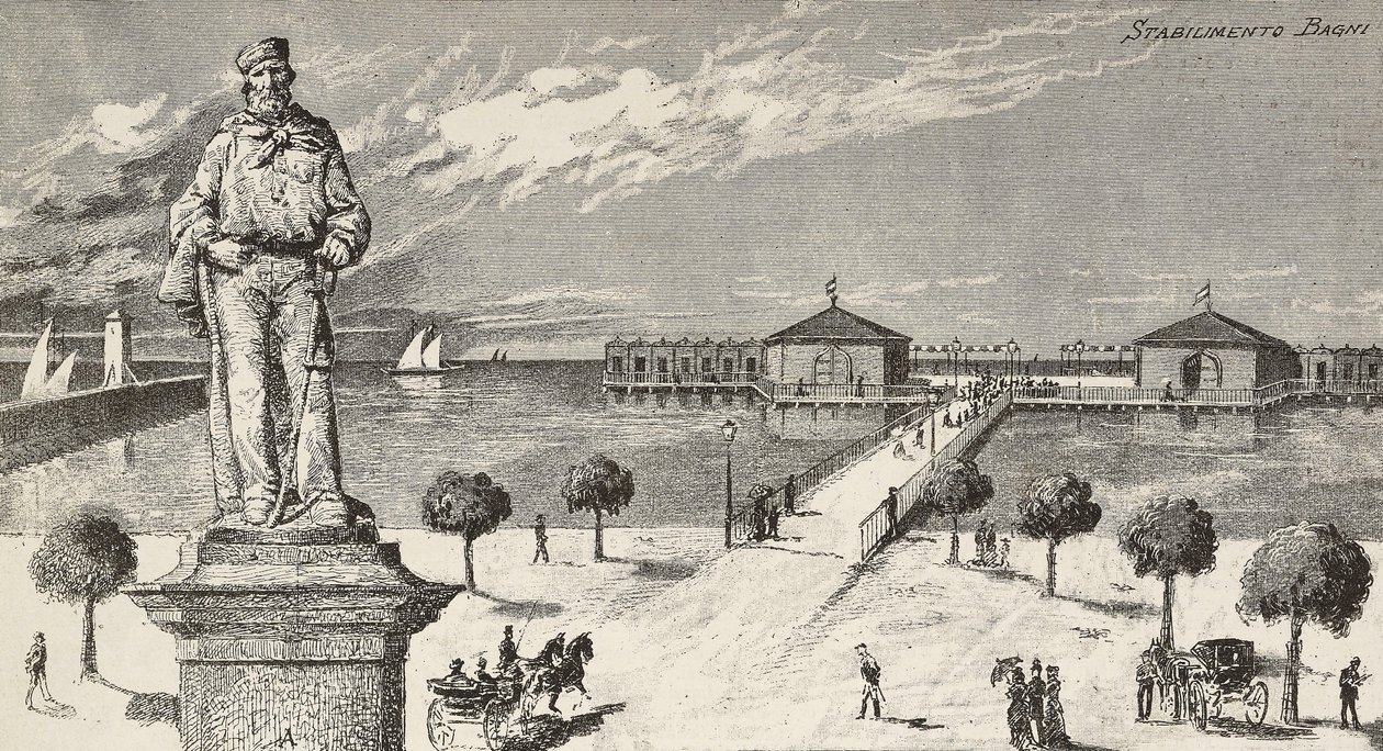 イタリアの政治家・愛国者ジュゼッペ・ガリバルディ（1807-1882）を記念したモニュメントとその背景にある浴場（イタリア・チェゼナーティコ市 作： クィントゥス・チェニ