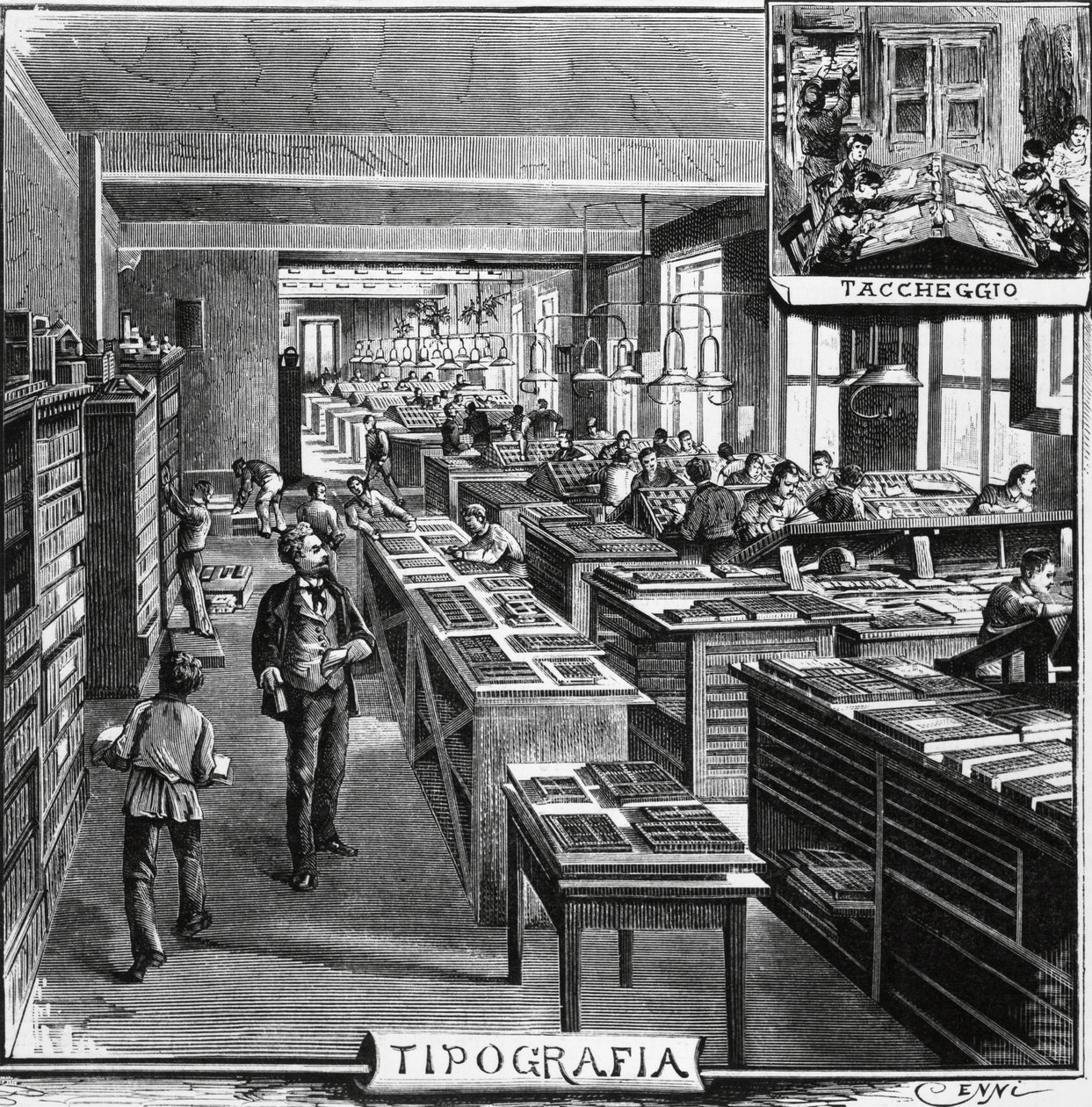 トレベス兄弟の事務所、タイポグラフィと重ね刷り、イタリア・ミラノ、イラスト：クイント・チェンニ（1845-1917）「L