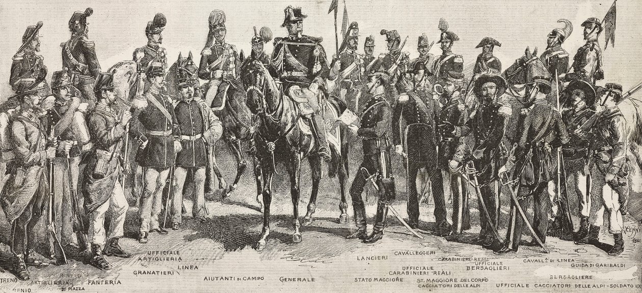 1859年のピエモンテ軍：歩兵、砲兵、工兵、擲弾兵、将校、将軍、槍兵、騎兵、銃兵、L