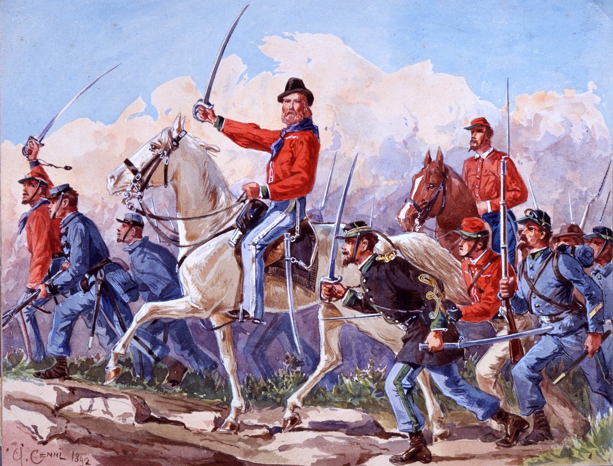 リソルジメント：ローマに進軍するジュゼッペ・ガリバルディ（1807-1882）の軍勢。Quinto Cenniによる水彩画 1892年 作： クィントゥス・チェニ