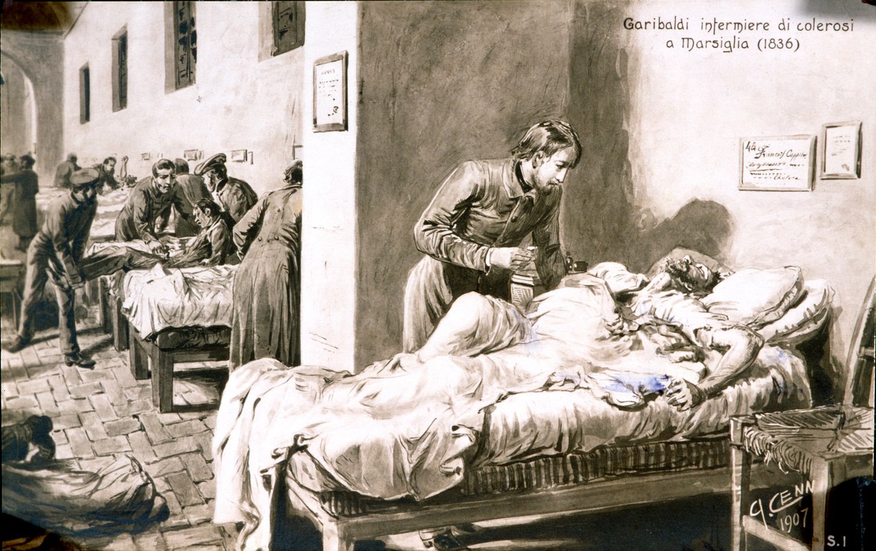 イタリアの愛国者ジュゼッペ・ガリバルディ（1807-1882）は、パン・ボレル（Pane Borel）の名で、1836年にマルセイユでコレラ患者に看護師をしていた。19世紀の絵葉書 プライベート・コレクション 作： クィントゥス・チェニ