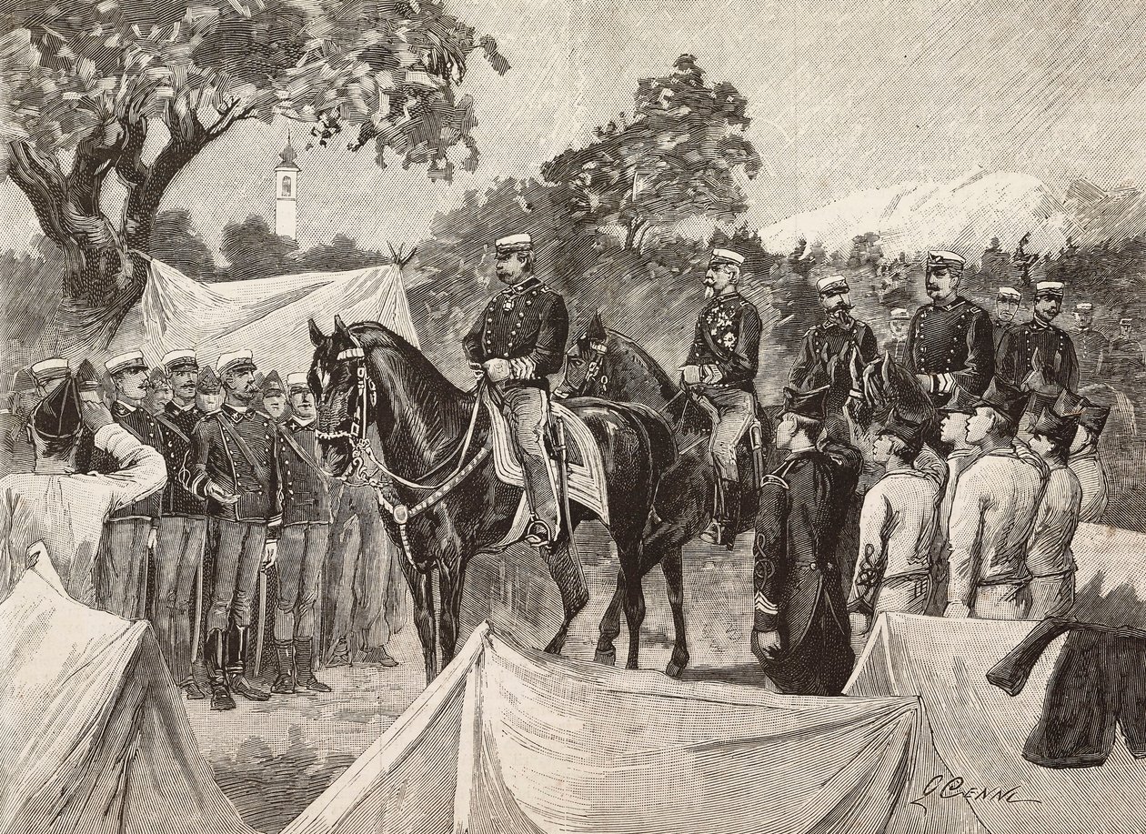 イタリア国王ウンベルト1世（1844-1900）と軍キャンプを視察する将校たち（9月11日 作： クィントゥス・チェニ
