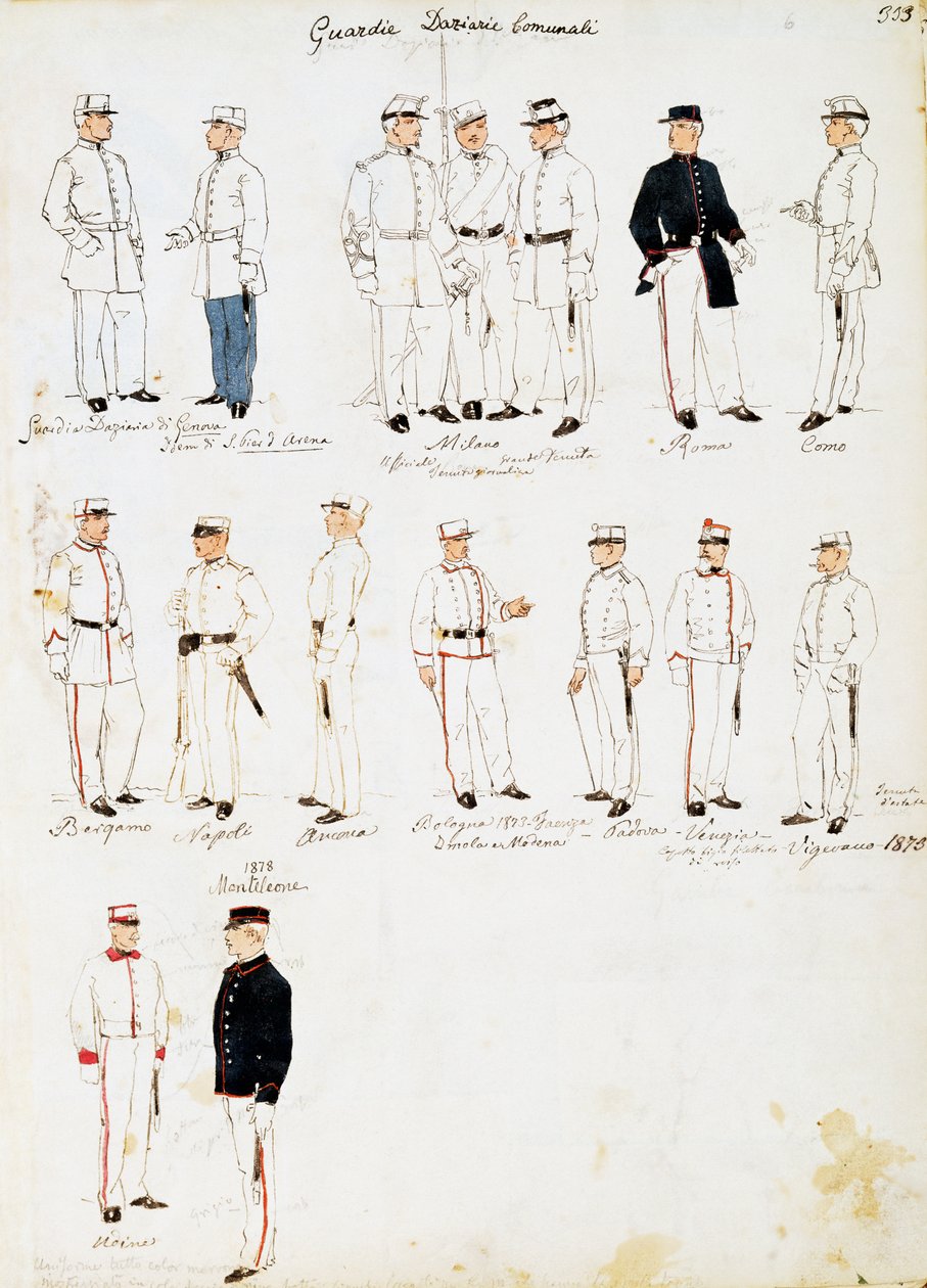 1873年から1878年にかけてのイタリア王国のカスタムガードの制服、Cenni Codexのプレート、水彩画による軍事スケッチのコレクション 作： クィントゥス・チェニ
