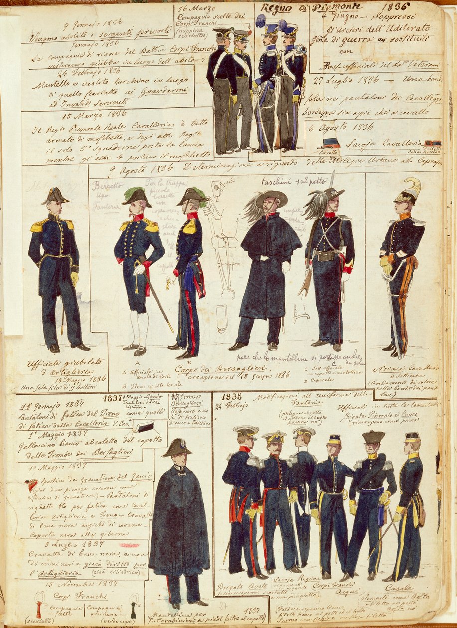 1836年から1886年にかけてのピエモンテ軍の制服。カラー図版：Cenni Quinto 作： クィントゥス・チェニ