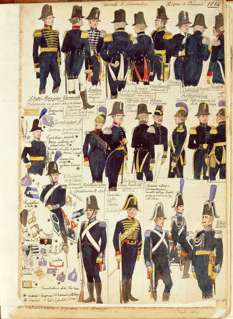 1814年のピエモンテ軍のユニフォーム。カラー図版：Cenni Quinto 作： クィントゥス・チェニ