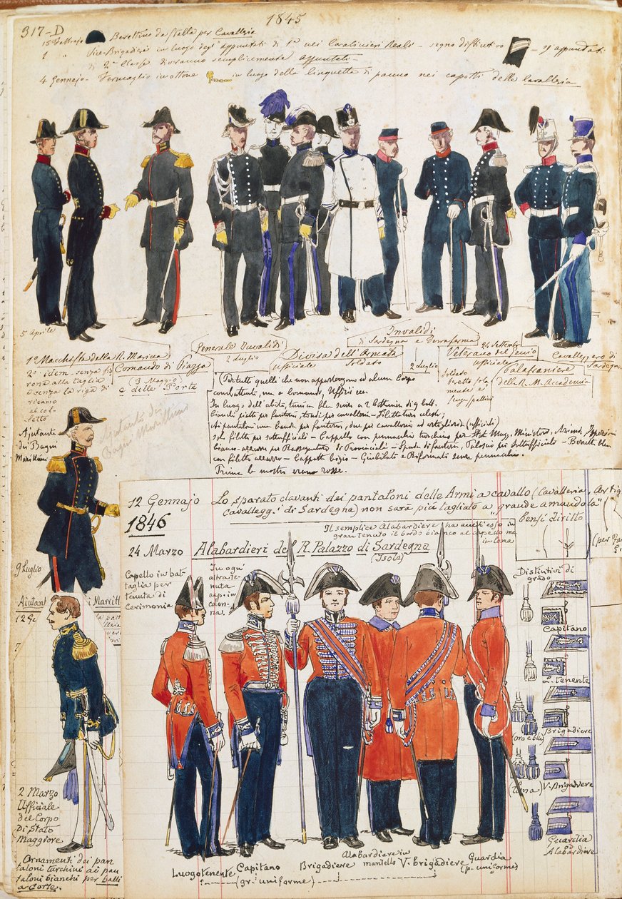 1845年から1846年までのピエモンテ軍のユニフォーム。カラー図版：Cenni Quinto 作： クィントゥス・チェニ