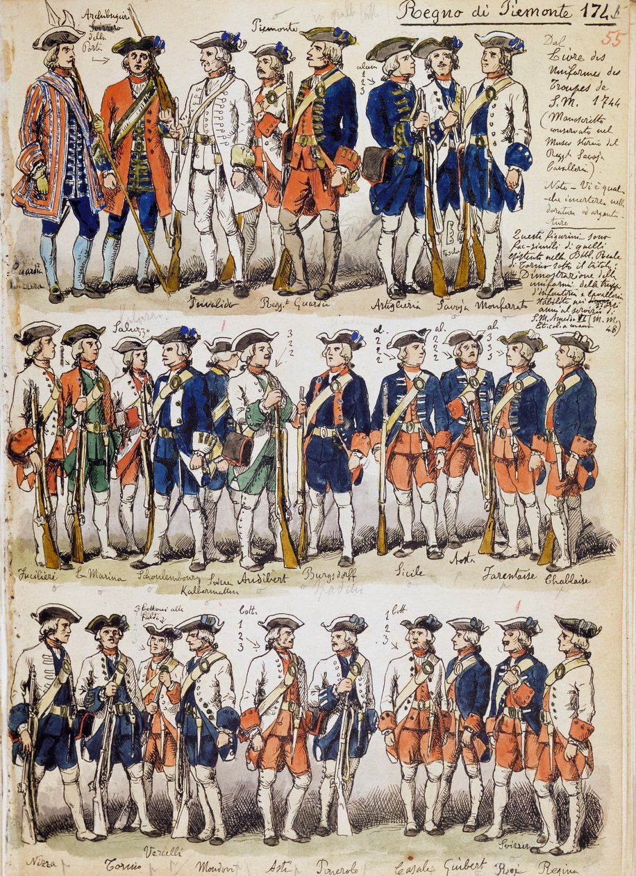 1744年のピエモンテ王国の軍隊の制服、クイント・チェンニ（1845-1917）が描いた軍事スケッチ集「チェンニ・コデックス」からの抜粋 作： クィントゥス・チェニ