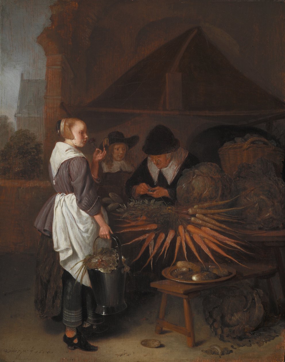 野菜の屋台、1665年（オークパネルに油彩） 作： キリン・ヴァン・ブレケレンカム