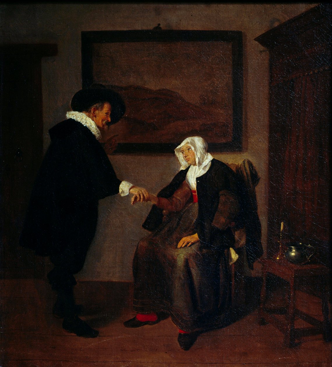コンサルテーション クィーリング・ゲリッツ・ファン・ブレッケレンカム（1620～1668年頃）の絵画。太陽 0,57x0,52 m 作： キリンゲ・ゲリッツ。ヴァン・ブレケレンカム