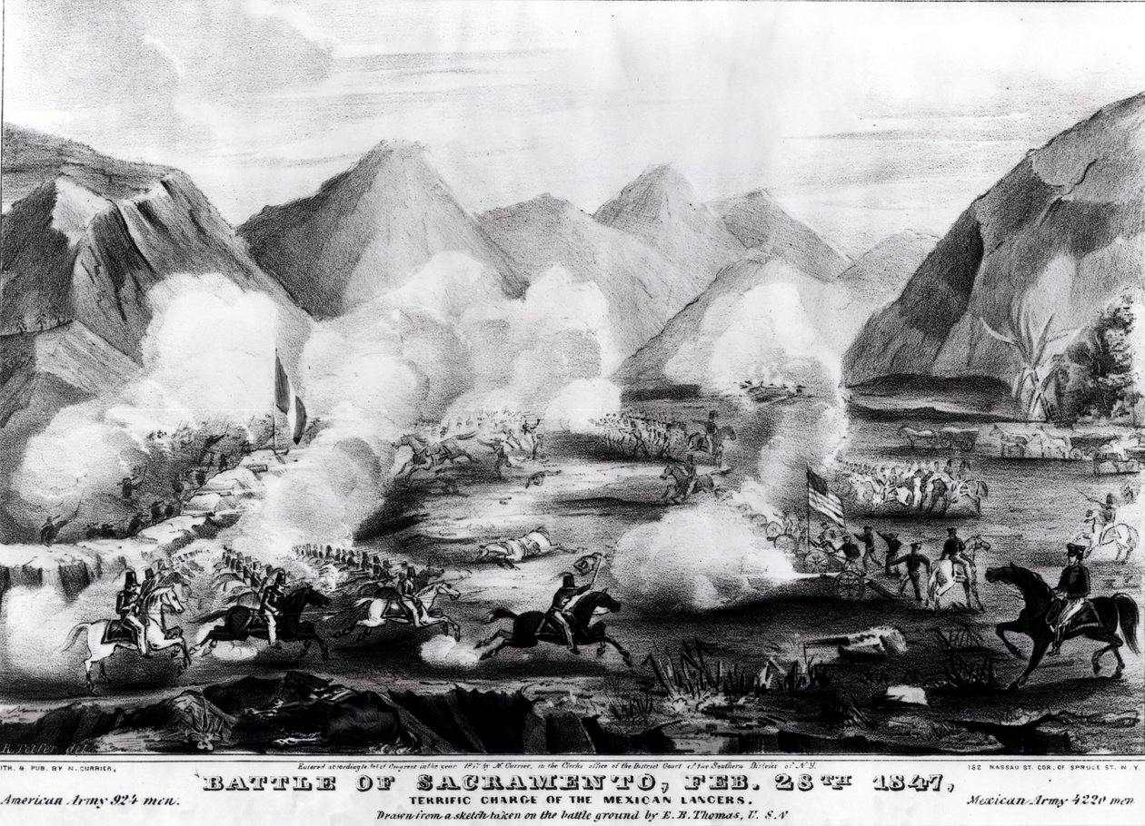 サクラメントの戦い：1847年2月28日、メキシコのランサーズの素晴らしい突撃、彫刻、およびNathanial Currier（1813-88）1847から出版 作： R.テルファー