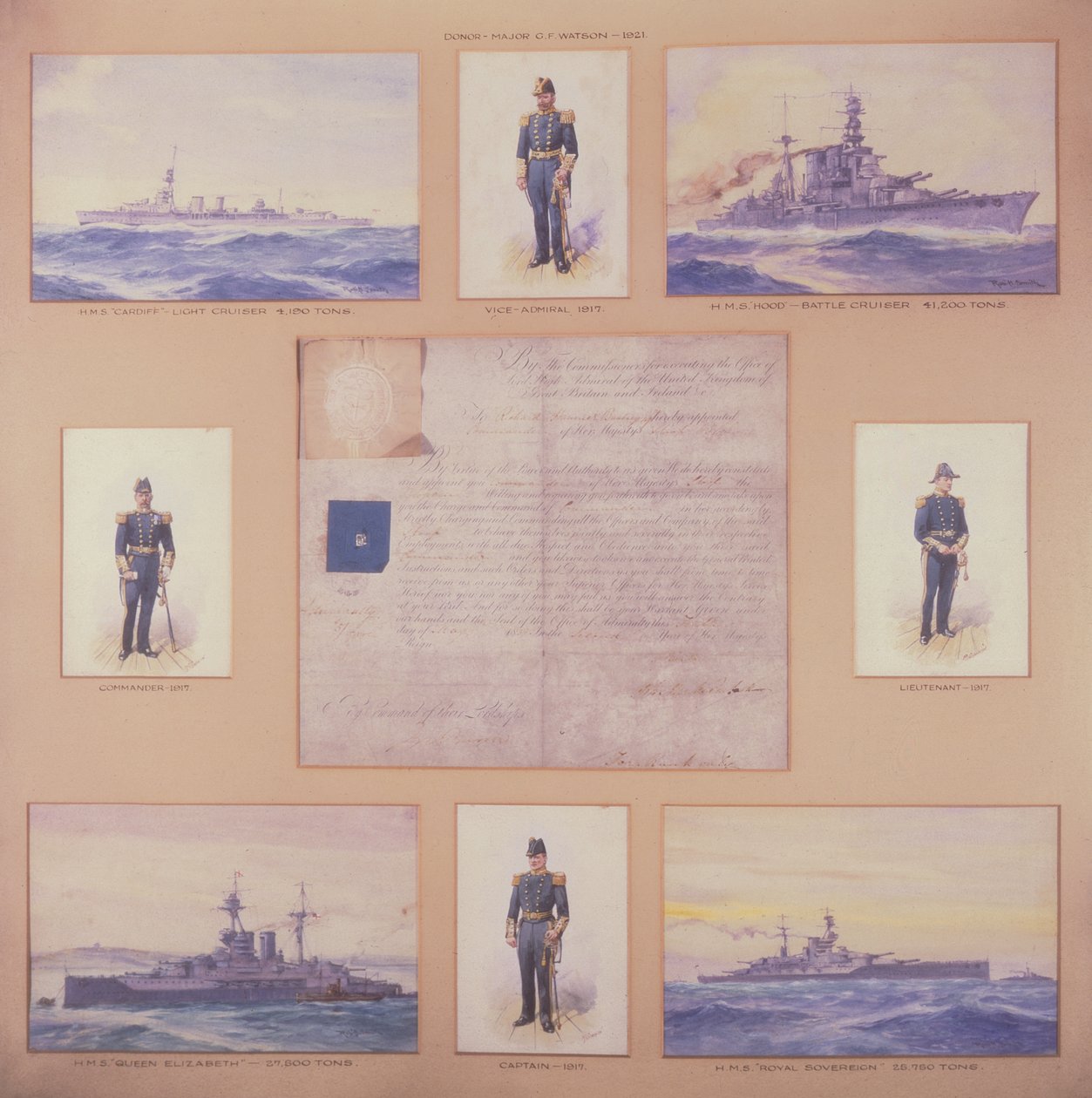 HMSカーディフ、HMSフッド、HMSクイーンエリザベス、HMSロイヤルソブリンおよび海軍ユニフォームの将校 作： マケドニア語学校