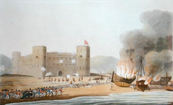 1809年11月27日のルフト砦への攻撃。「16 Views of Places in the Persian Gulph, taken in the Year 1809-10 illustrative of the Proceedings of the Forces employed on the Expedition from Bombay」より、I.クラークの彫刻、1月発行 作： R.（後）テンプル