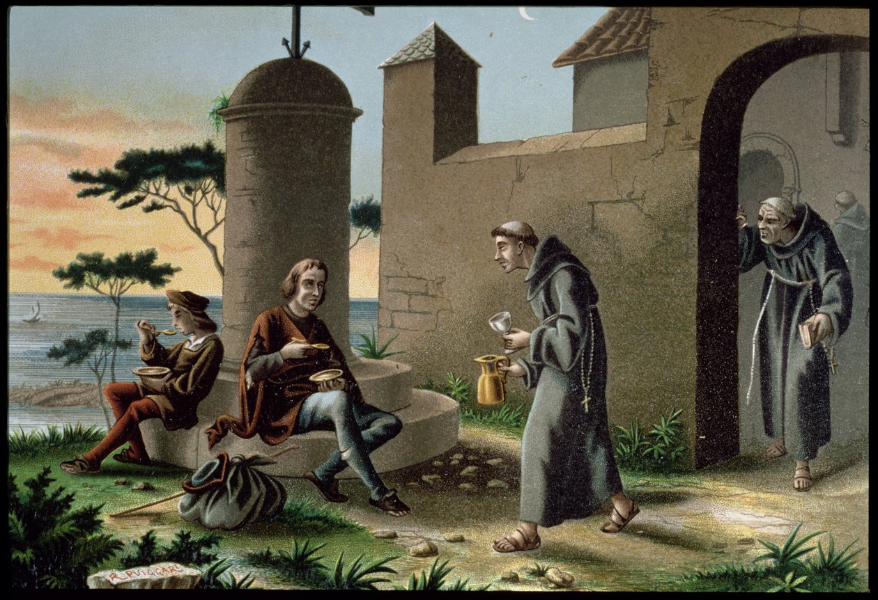 クリストファー・コロンブス (1451-1506) のラ・ラビダ修道院での息子との到着、1878 年にバルセロナで出版された「アメリカの発見」から (カラーリソ) 作： R・プッガリ
