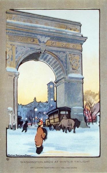 冬の黄昏時のワシントンスクエアアーチ、ポストカード、1914年頃（カラーリトグラフ） 作： レイチェル・ロビンソン（後）エルマー