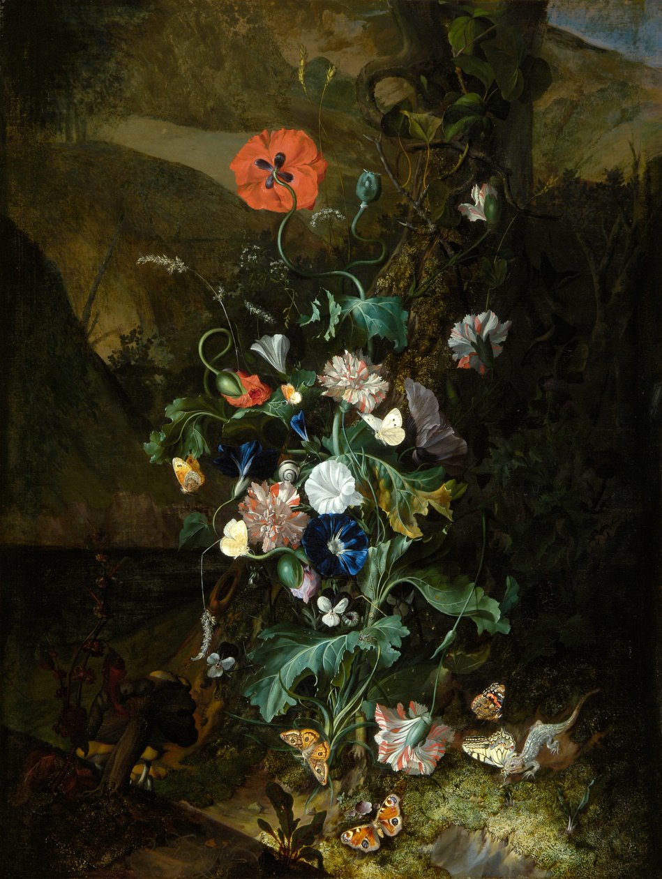 木の幹による花のアレンジメント、1683年頃（油彩・カンヴァス） 作： ラッヘル・ライス
