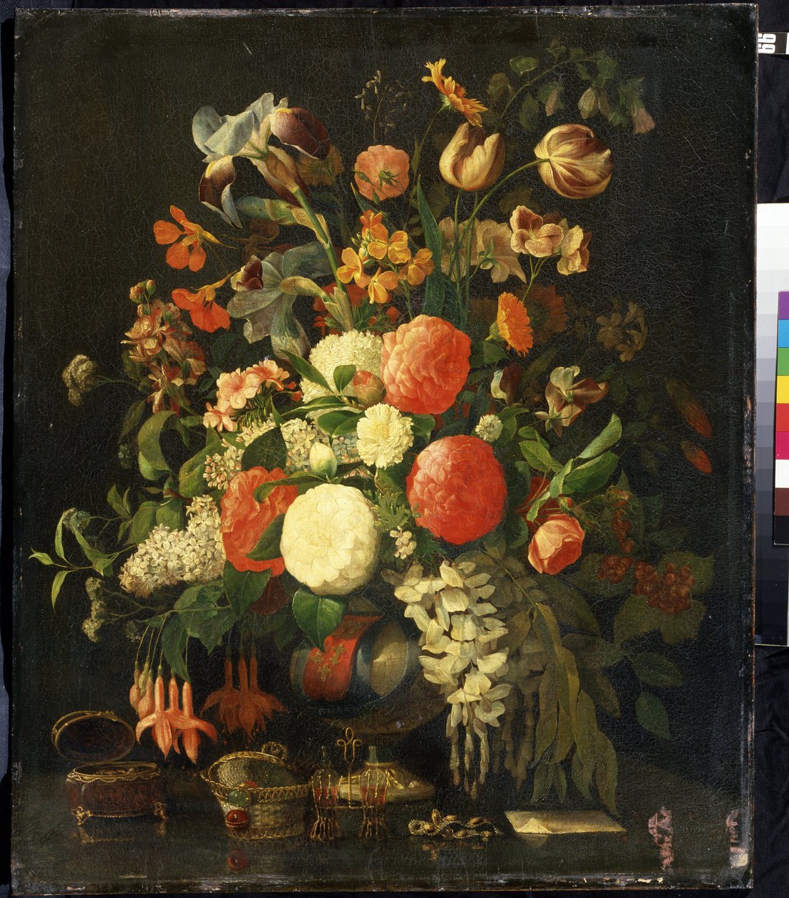 「花束」（花） テーブルの上には宝石箱。 Rachel Ruysch (1664-1750) による絵画 18 世紀 Mikhail Kroshitsky Art Museum、Sevastopol (Sevastopol) ウクライナ 作： レイチェル・ルイッシュ