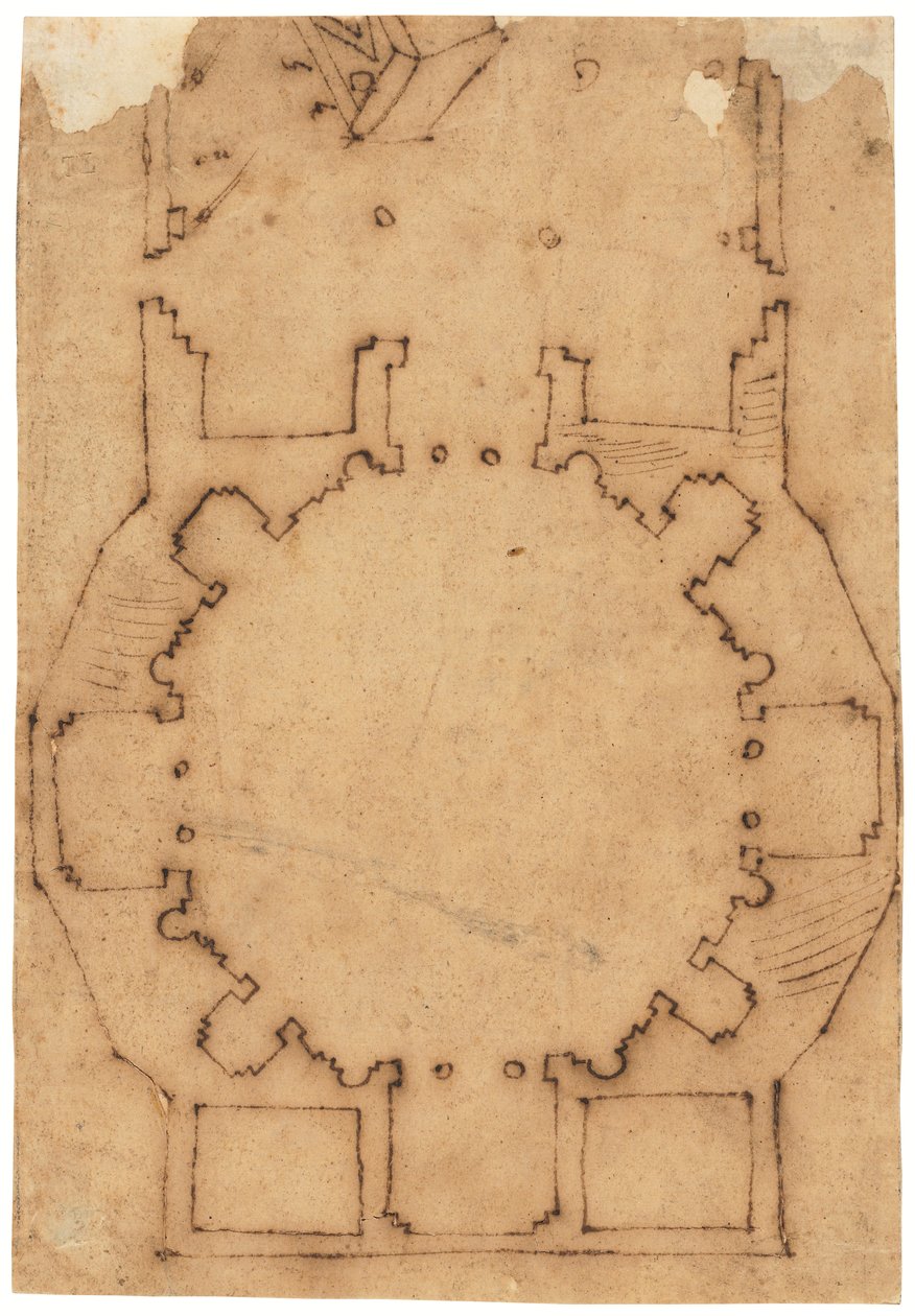 教会の平面図 （油絵のトレーシングペーパーにペンと茶インクで描く） 作： ラファエロダモンテルーポ