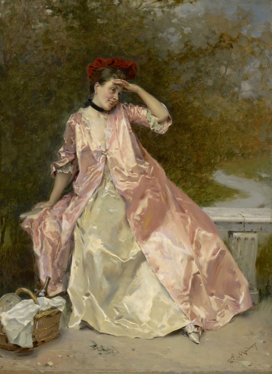 ピクニックバスケットを持つ女性、1890年頃 作： ライムンドデマドラゾイガレッタ