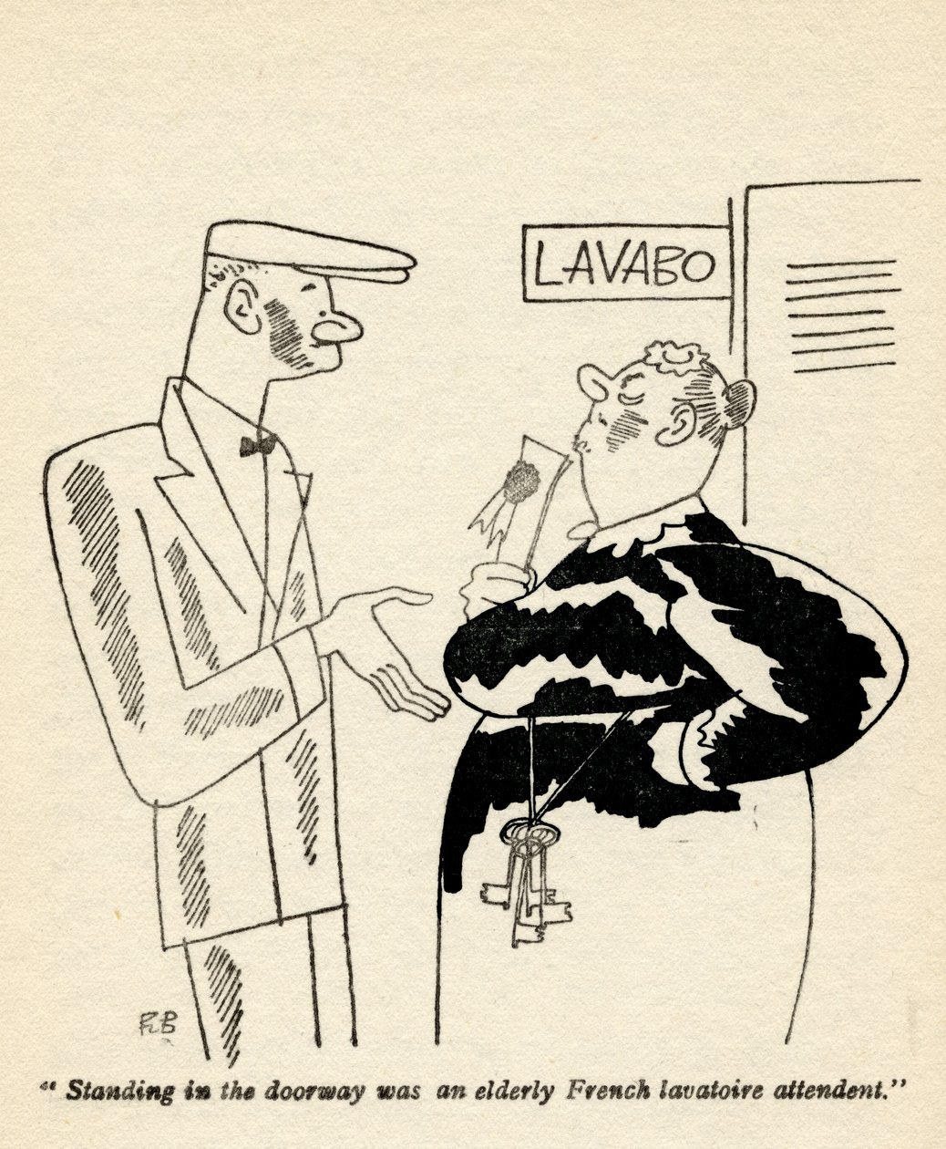 「戸口に立っていたのは、フランスのラバトワールの高齢者の出席者でした。」イラストは、1928年に出版されたAnita Loosによる「But Gentlemen Marry Brunettes」からのイラストです。 作： ラルフバートン