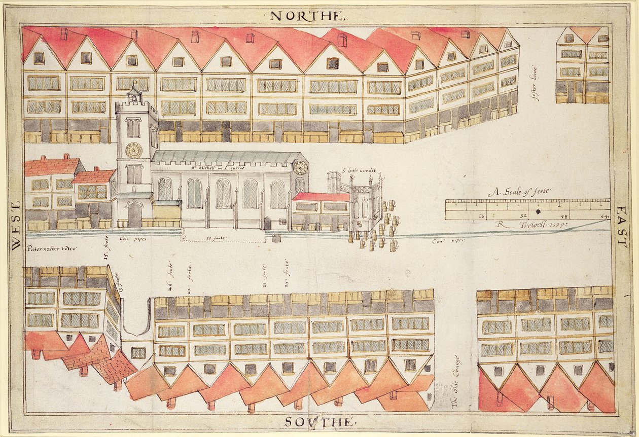 チープサイドの地図、ロンドン、1585（紙にペンとトイレ） 作： ラルフ・トレスウェル