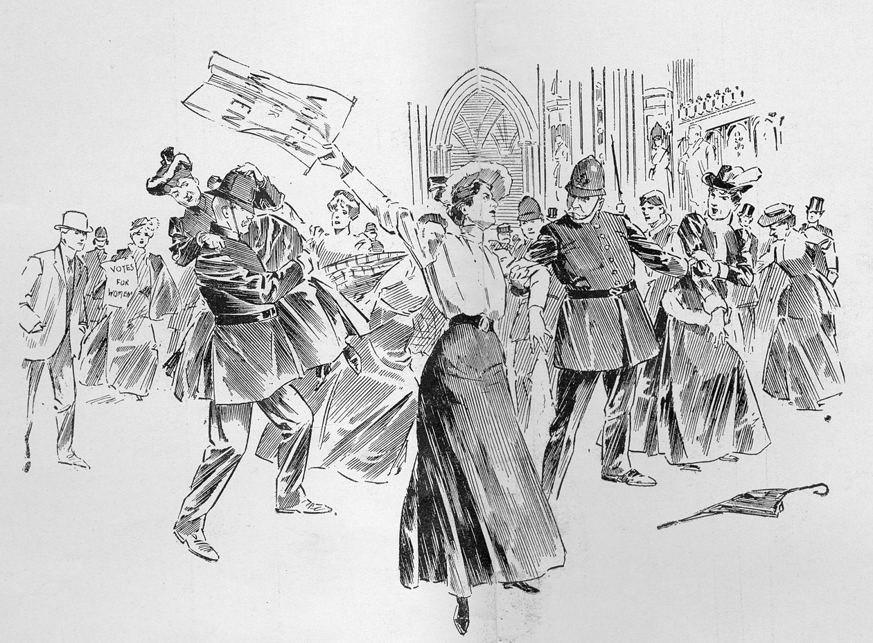 1906年10月27日の「The Graphic」に掲載された「The Reassmbling of Parliament」というタイトルの記事から、不可抗力のSuffragetteがロビーで気晴らしを作成 作： ラルフ・クリーバー