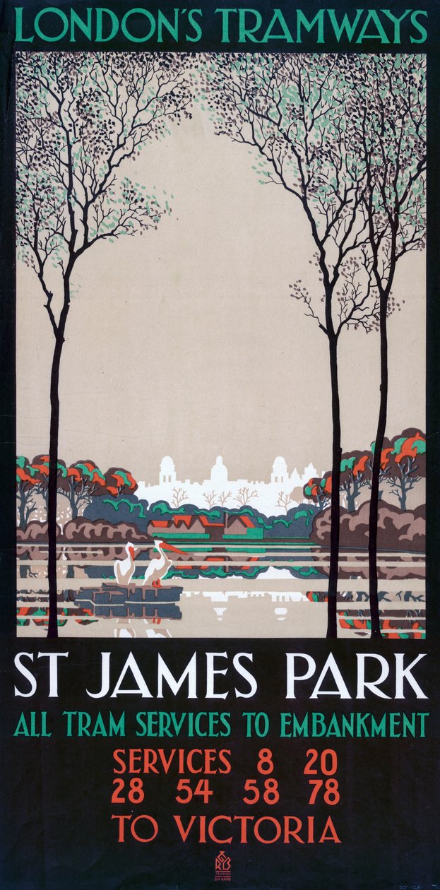 「セント ジェームズ パーク」、ロンドン カウンティ カウンシル LCC トラムウェイのポスター、1928 年 作： ラルフとブラウンのスタジオ