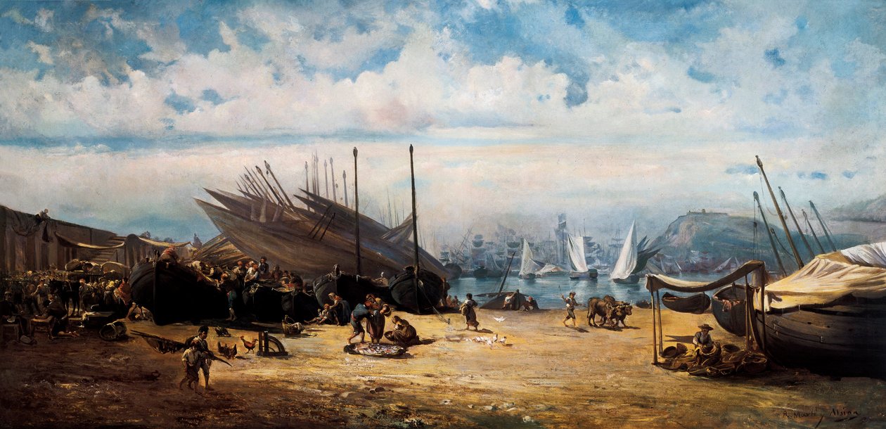 バルセロネータ（バルセロナの中心街）。ラモン・マルティ・イ・アルシーナ（1826-1894）の絵画 作： ラモン・マルティ・アルシナ