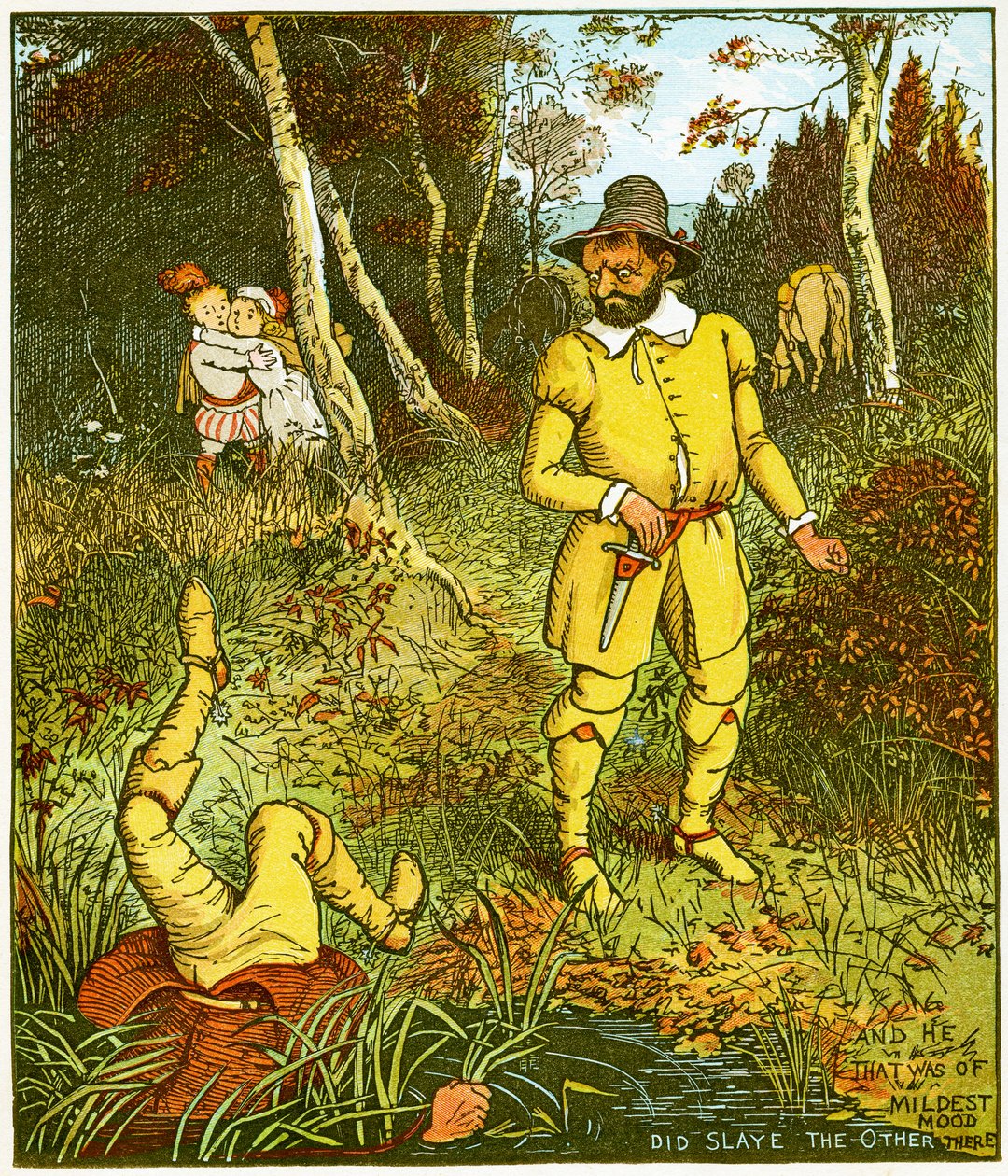 "And he that was the mildest mood, did slaye the other there", Babes in the woodの挿絵。 作： ランドルフ・カルデコット