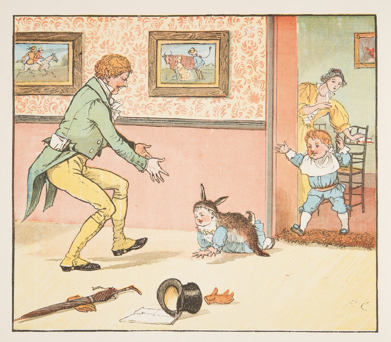 ウサギの皮に包まれた文鳥の赤ちゃん（1882年発行の「The Hey Diddle Diddle Picture Book」より）（カラー印刷 作： ランドルフ・カルデコット