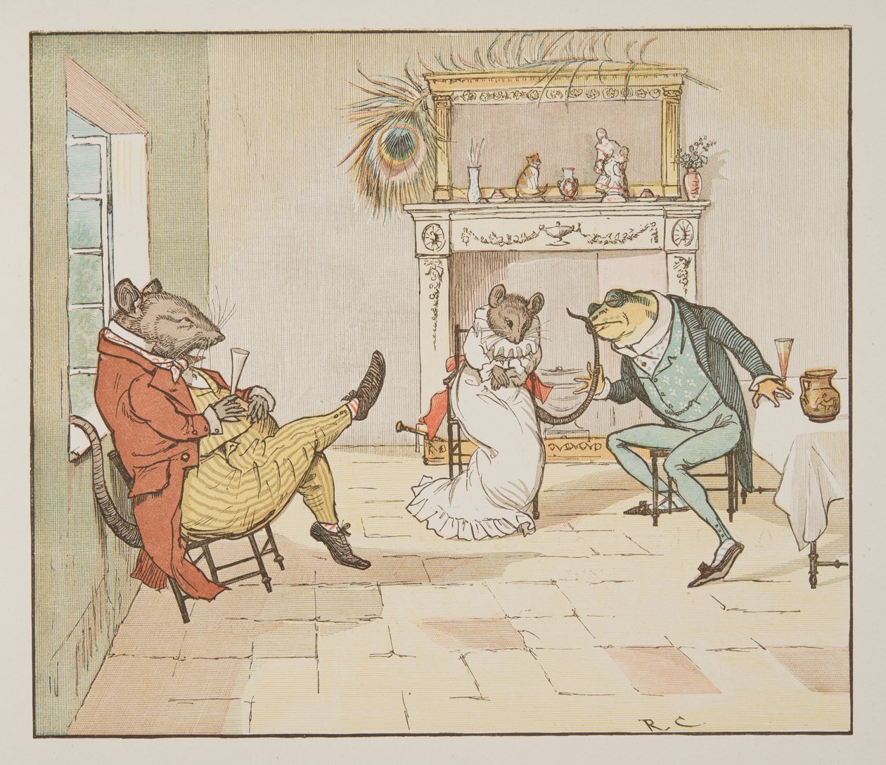 "Pray, Mr Frog, will you give us a Song?", The Hey Diddle Diddle Picture Book, pub.1882より（カラー彫刻）。 作： ランドルフ・カルデコット