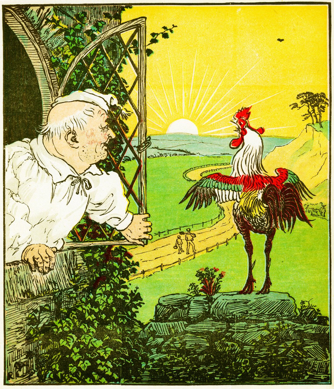 "This is the rooster that crowed in morn, that waking the judge all shaven and shorn", The House that Jack Builtの挿絵。 作： ランドルフ・カルデコット