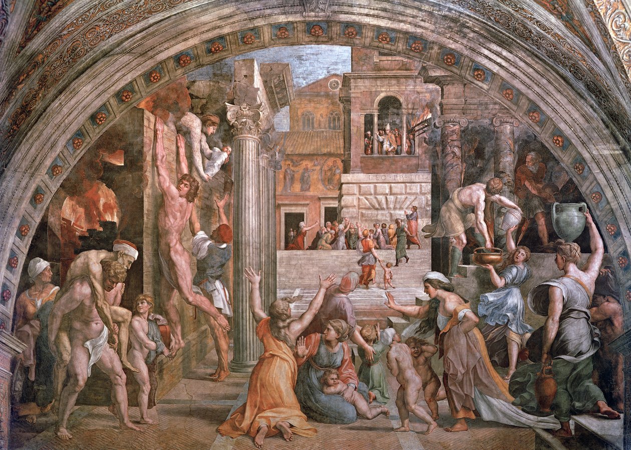 スタンザ・デル・インセンディオ（火のホール）からのボルゴでの火c.1514-17 作： ラファエルとジュリオ・ロマーノ