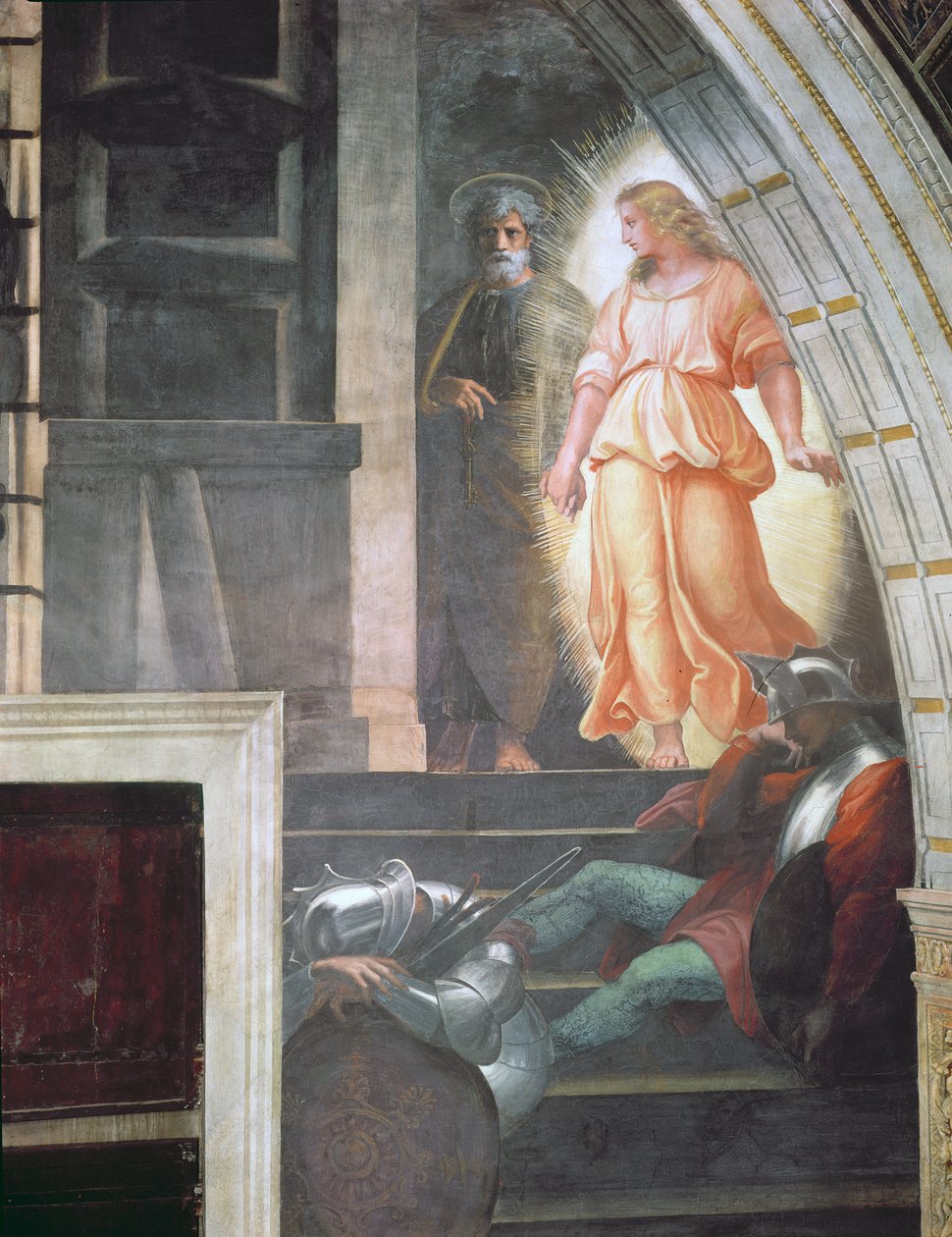 St Peter d&39;Eliodoro、 &39;1212-14（detail）（135637-8を参照）の「聖ペテロの解放」より、聖ペテロは天使と共に逃げる 作： ラファエロサンツィオラファエル