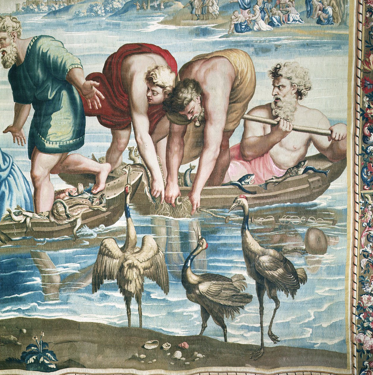 使徒の行動を描いたタペストリー、フィリップの奇跡的な漁獲、フィリップベハー1641-1705の指揮でボーヴェワークショップで織られた漁師が網を設置する様子 作： ラファエロサンツィオラファエル