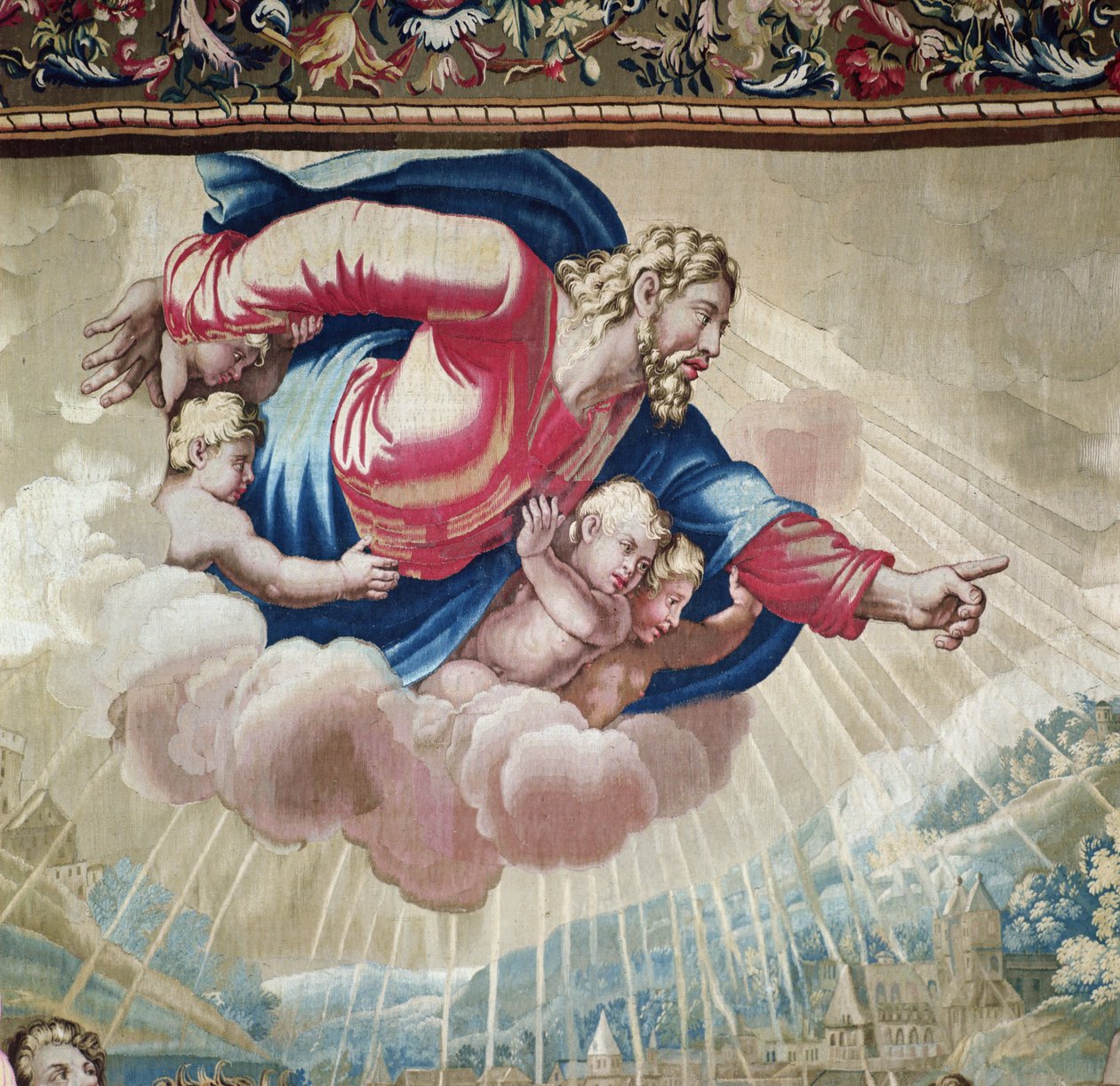 使徒の働き、天使に囲まれた雲の上のキリストの御出現の聖パウロ回心の詳細を描いたタペストリー。