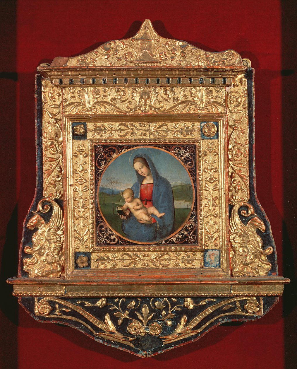 聖母子、別名マドンナコネスタビレ（フレーム付き）、c.1502-4（木に油彩） 作： ラファエロサンツィオラファエル