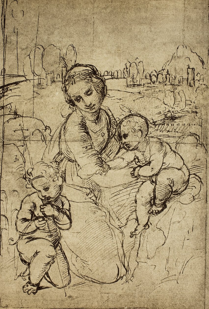 マドンナと子供と聖ヨハネ（子供）、ラファエルの絵。内閣描画と版画、ウフィツィ美術館、フィレンツェ 作： ラファエロサンツィオラファエル