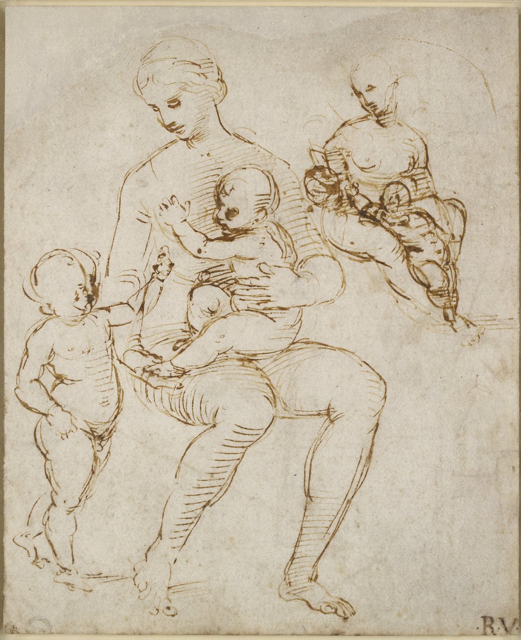 レクト：聖ヨハネと聖母子の2つの研究（マドンナデルカルデリノ）、WA1846.159（ブラインドスタイラスにペンと茶色のインク） 作： ラファエロサンツィオラファエル