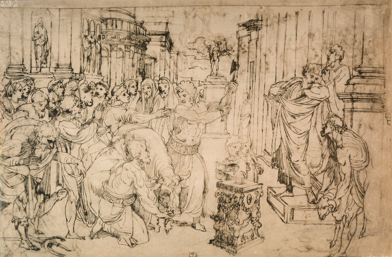 ラファエルの学校から引き出す雄牛の犠牲。内閣描画と版画、ウフィツィ美術館、フィレンツェ 作： ラファエルの学校