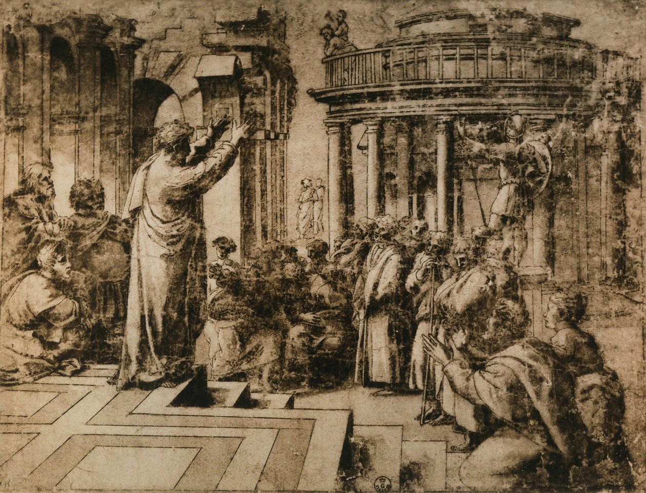セントポールはアテネで説教;ラファエルの学校から描画。描画と版画のキャビネット、ウフィツィ、フィレンツェ 作： ラファエルの学校