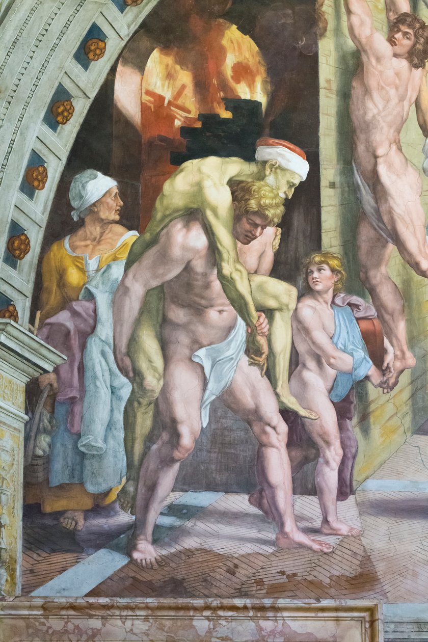 Borgon tulipalo, yksityiskohta, joka todennäköisesti kuvaa Aeneasta pakenemassa isänsä Anchiseksen ja poikansa Ascaniuksen kanssa 作： ラファエロ (1483-1520) (&スタジオ)