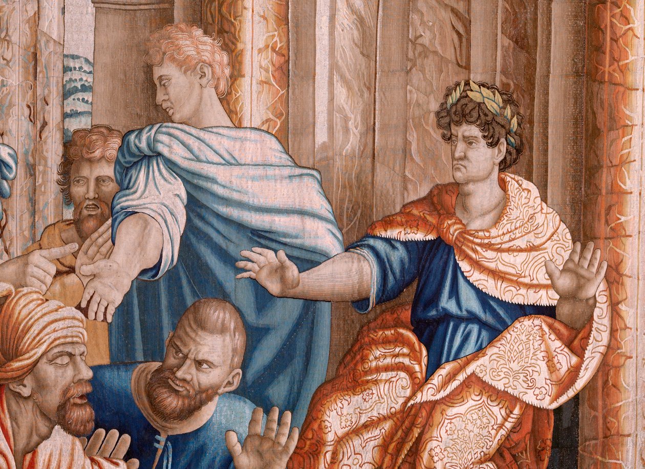 フランダースのタペストリー。 使徒のシリーズ行為。 Elymas は盲目 (La ceguera de Elymas) を打った。 シリーズ第7弾のタペストリー。 ラファエル・サンツィオによるモデル漫画。 1519. Jan Raes II、ブリュッセルで製造。 1605～1629年頃。 ファブリック シルクとウール。 サイズ 534×783cm。 ロキャット 作： ラファエル