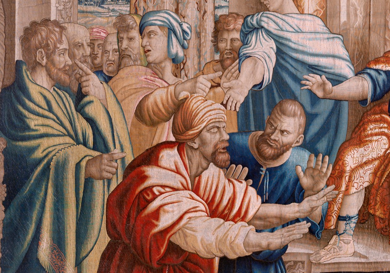 フランダースのタペストリー。 使徒のシリーズ行為。 Elymas は盲目 (La ceguera de Elymas) を打った。 シリーズ第7弾のタペストリー。 ラファエル・サンツィオによるモデル漫画。 1519. Jan Raes II、ブリュッセルで製造。 1605～1629年頃。 ファブリック シルクとウール。 サイズ 534×783cm。 ロキャット 作： ラファエル