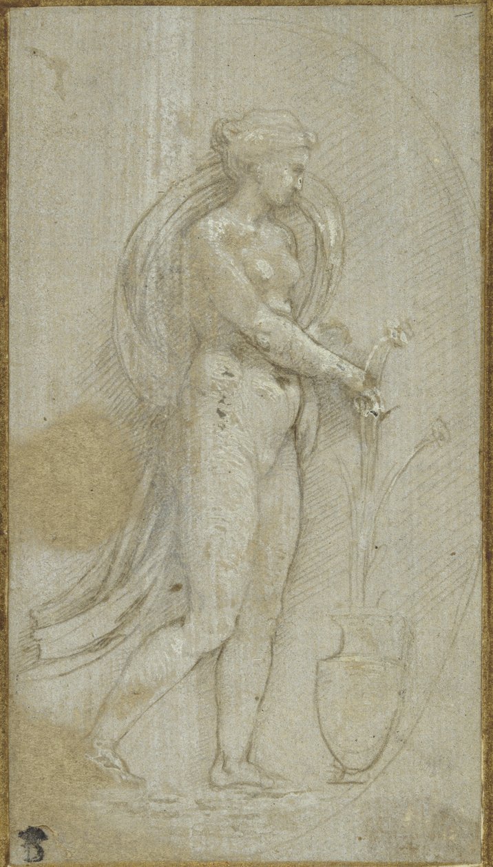 グラマティカのアレゴリー」（グレーの下地にメタルポイント、白のボディカラーで盛り上げた 作： ラファエル