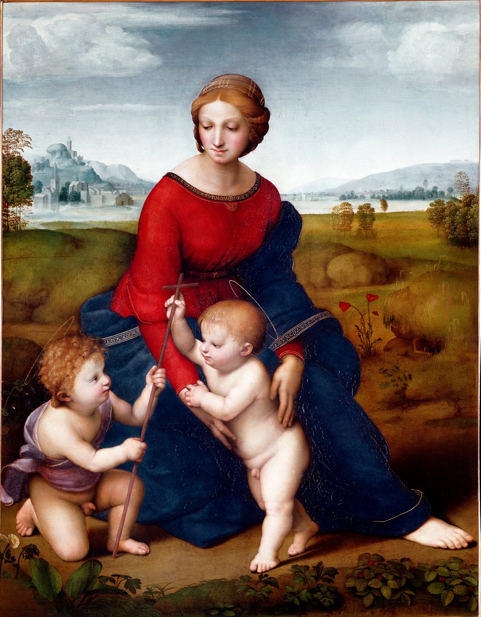 大草原の聖母」または「ベルヴェデーレの聖母」 ラファエロ（Raffaello Sanzio 1483-1520）の絵画 1506年 日。113 X 88 cm ウィーン美術史博物館 作： ラファエル