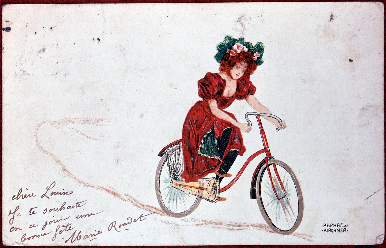 自転車に乗る女性の絵葉書-R.Kirchnerのイラスト、v.1900 作： ラファエル・キルヒナー