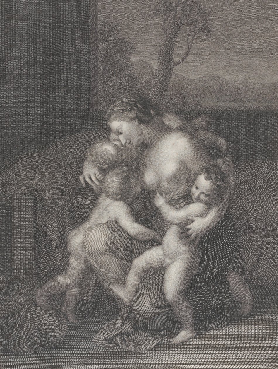 1795 年、3 人の小さな子供たちとの慈善活動。 作： ラファエル・モルゲン