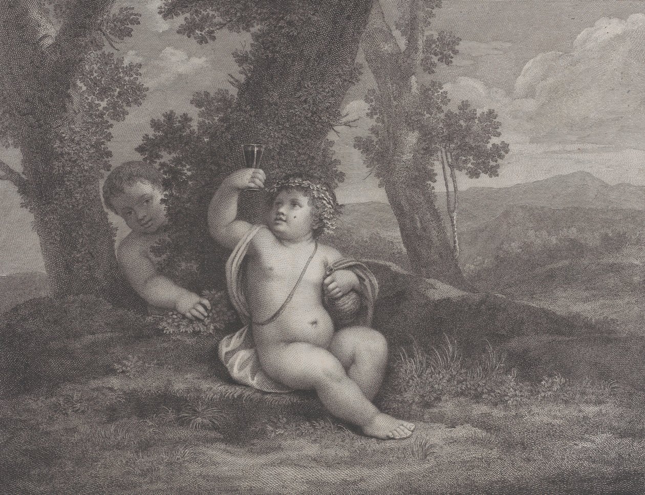 木の下に座ってワイングラスを持ち上げる幼いバッカスと、その後ろにもう一人の幼児、1780年 作： ラファエル・モルゲン